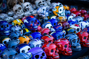 Decorative Skulls in a row. Part of a vendor's booth at a fair. Nevada.