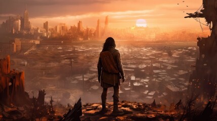 Fototapeta premium Game art piece that captures a significant moment in the middle of a hero's journey through a post - apocalyptic world. The protagonist, a resilient survivor, stands at the threshold of a crumbling