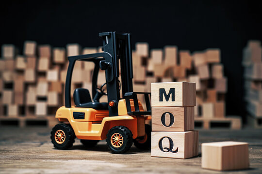 Toy yellow forklift next to wooden blocks with letters MOQ engraved: Abbreviation of Minimum Order Quantity, warehouse dark background