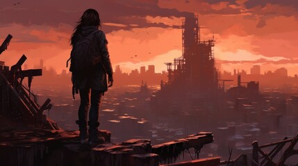 Game art piece that captures a significant moment in the middle of a hero's journey through a post - apocalyptic world. The protagonist, a resilient survivor, stands at the threshold of a crumbling - obrazy, fototapety, plakaty