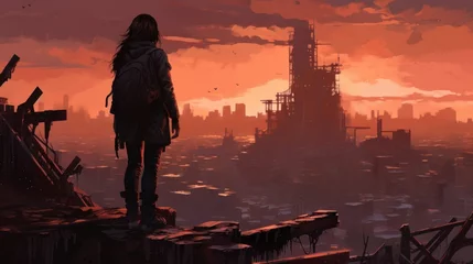 Fototapete Backstein Game art piece that captures a significant moment in the middle of a hero's journey through a post - apocalyptic world. The protagonist, a resilient survivor, stands at the threshold of a crumbling