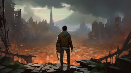 Game art piece that captures a significant moment in the middle of a hero's journey through a post - apocalyptic world. The protagonist, a resilient survivor, stands at the threshold of a crumbling