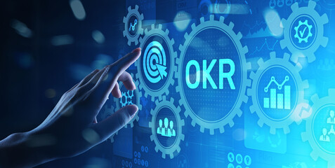 Objective Key Results Business technology process improvement concept on virtual screen.