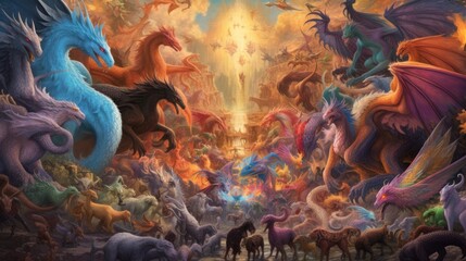 Fototapeta na wymiar Artwork showcasing a diverse array of legendary creatures from folklore and mythology, such as dragons, griffins, unicorns, and phoenixes, gathered in a majestic and awe - inspiring setting