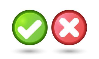 Red green yes and no button. Button for application. Volume button. Green and red crosses and checkmarks, yes, no, right, wrong, approved, rejected.