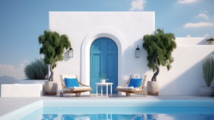 Fototapeta na wymiar Santorini style architecture with armchairs plant door and swimming pool.3d rendering