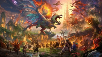 Obraz na płótnie Canvas Artwork showcasing a diverse array of legendary creatures from folklore and mythology, such as dragons, griffins, unicorns, and phoenixes, gathered in a majestic and awe - inspiring setting