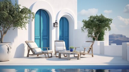 Obraz na płótnie Canvas Santorini style architecture with armchairs plant door and swimming pool.3d rendering