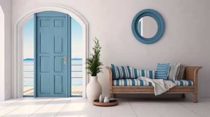 Santorini style interior with bench door and blank picture frame.3d rendering