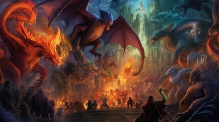 Artwork showcasing a diverse array of legendary creatures from folklore and mythology, such as dragons, griffins, unicorns, and phoenixes, gathered in a majestic and awe - inspiring setting
