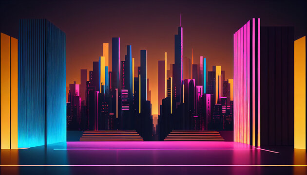 Minimal style american city , modern american city background with gold PINK blue glowing neon background Ai generated image
