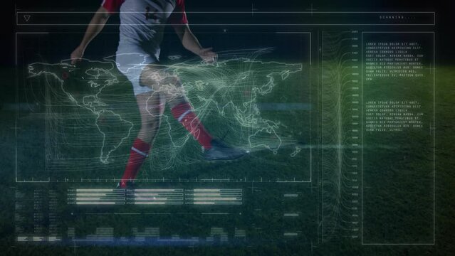 Animation of globe and data processing over caucasian football player kicking ball