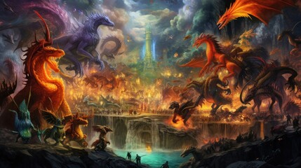 Artwork showcasing a diverse array of legendary creatures from folklore and mythology, such as dragons, griffins, unicorns, and phoenixes, gathered in a majestic and awe - inspiring setting