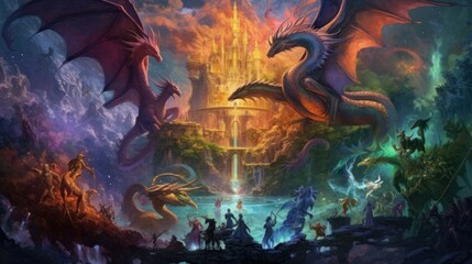Fototapeta premium Artwork showcasing a diverse array of legendary creatures from folklore and mythology, such as dragons, griffins, unicorns, and phoenixes, gathered in a majestic and awe - inspiring setting