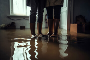 Paar steht in ihrem überfluteten Haus - Generative AI - obrazy, fototapety, plakaty