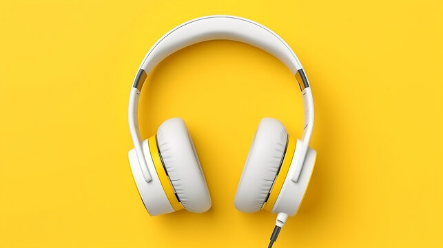 Modern White Headphones On Yellow Background .Generative Ai.