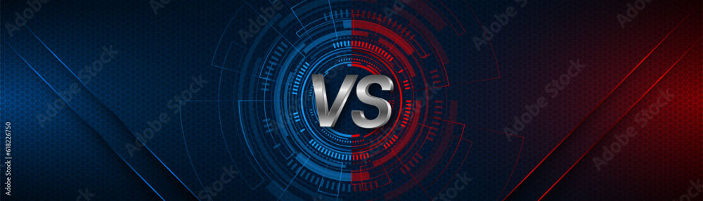 Poster versus between red and blue on dark background. background concept for gaming and other competitions