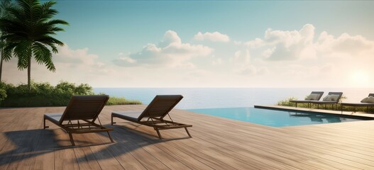 Fototapeta na wymiar Sunbeds and dining table on wooden floor deck with infinity edge swimming pool.3d rendering