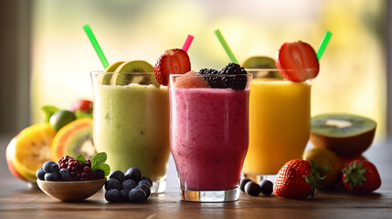 Set of fruit smoothies, healthy fruit and vegetable smoothies.Generative Ai. - obrazy, fototapety, plakaty