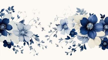 Blue floral background along the border with room for copy. Ai generative Art.