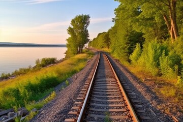 Fototapeta premium along a railroad on an summer morning AI Generated