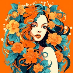 Beautiful girl face with long curly hair orange autumn leaves and flowers. Art Portrait of beautiful young woman with flowers. Hand drawn vector illustration.  Fashion illustration in orange colors.