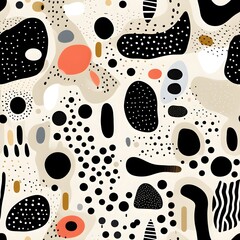 A seamless pattern featuring abstract shapes, lines, and textures in a vibrant and eclectic mix, creating a visually captivating design with cream, white and black color tones. Generative AI