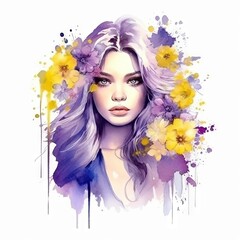 Beautiful girl with colorful flowers in her hair. Digital watercolor painting. Art oil Portrait of beautiful young woman with flowers.  Fashion drawn vector illustration.  Watercolor portrait of woman