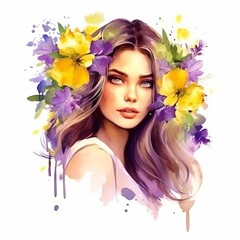 Beautiful girl with colorful flowers in her hair. Digital watercolor painting. Art oil Portrait of beautiful young woman with flowers.  Fashion drawn vector illustration.  Watercolor portrait of woman