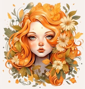 Beautiful girl face with autumn leaves and flowers. Art Portrait of beautiful young woman with flowers. Hand drawn vector illustration.  Fashion illustration in orange colors