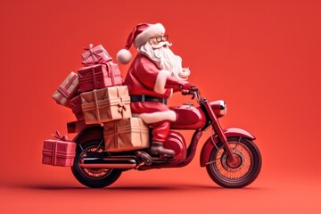 Nice funny fat Santa Claus driving motor bike hurry up. Generative ai