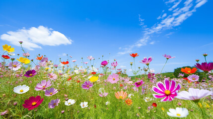 Obraz na płótnie Canvas Colorful cosmos flower meadow in spring with blue sky.Generative Ai.