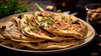 Fototapeta premium Pancakes. Yellow stuffed pancakes with mushrooms and sour cream. light background. Beautiful and delicious breakfast at home or in a cafe. Concept: Maslenitsa menu. Slavic carnival. Generative AI 