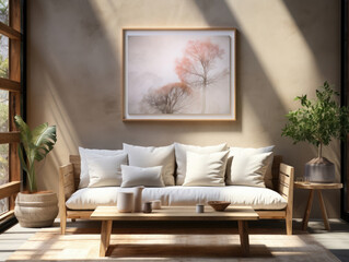 Mock up poster in warm Scandinavian style living room , Mockups Design 3D, High-quality Mockups, Generative Ai