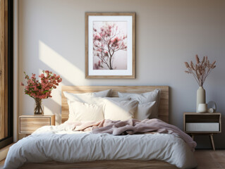 Mockup frame close up in bedroom interior background, Mockups Design 3D, High-quality Mockups, Generative Ai
