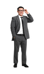 Businessman in suit wearing glasses on white background