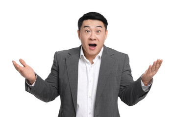 Shocked businessman in suit posing on white background