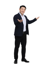 Businessman in suit posing on white background