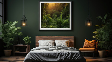 Poster Frame mockup in Dark Blue Bedroom Interior, Mockups Design 3D, High-quality Mockups, Generative Ai
