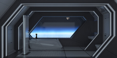 Futuristic Spaceship Bathroom with a view towards planet Earth © trimitek