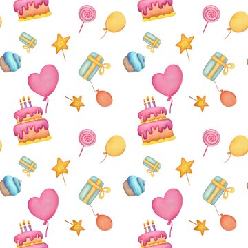 hand-drawn watercolor seamless pattern with gifts boxes, balloons, cakes, pastries, lollipops, stars, desserts. Design of wrapping paper and fabrics for celebrating a baby's birthday