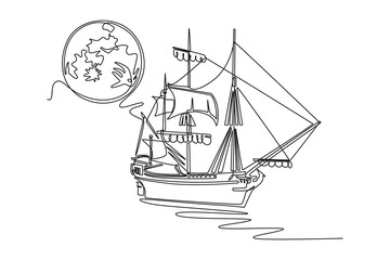 Single one line drawing Wooden ships in sea with big moon. Continuous line draw design graphic vector illustration.