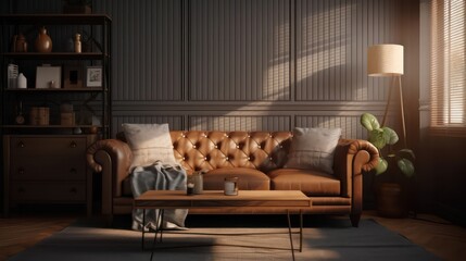 Vintage dark living room interior with leather sofa armchair table and lamp.3d rendering