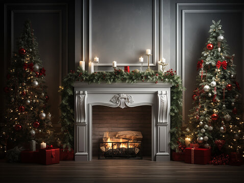sfondo  natalizio con camino bianco acceso, elegante con addobbi di ghirlande, palle di Natale, e regali, atmosfera natalizia, calore, gioia, ideale per inserimento persone o biglietto di auguri,