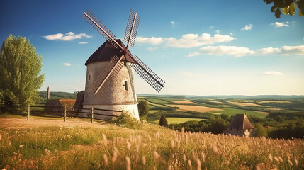 Fototapeta na wymiar Windmill in the green field with blue sky.Generative Ai.