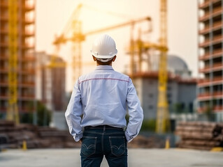 Engineer holding white helmet standing back looking at background construction work with sunset.Generative Ai.