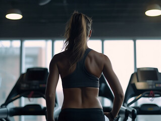 Fototapeta na wymiar Woman jogging on the exercise machines in the gym.Generative Ai.