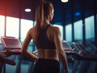 Woman jogging on the exercise machines in the gym.Generative Ai.