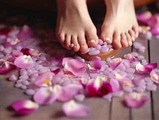 Obraz na płótnie Canvas Spa treatment for female feet and relax time.Generative Ai.