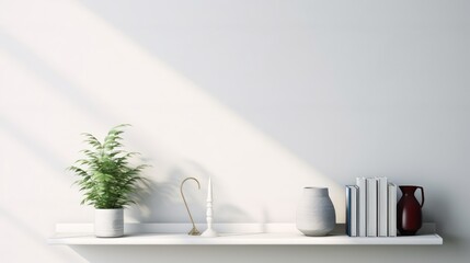 White shelf with decoration objects and blank white wall background.3d rendering